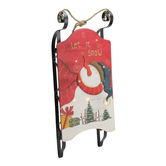 22.25" Hanging Wooden and Metal Let It Snow LED Decorative Christmas Sleigh