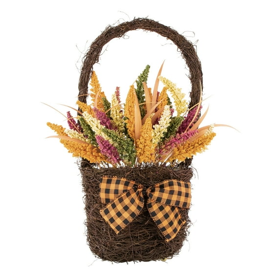 Northlight Autumn Harvest Hanging Basket with Artificial Foliage and Checkered Bow - 22"