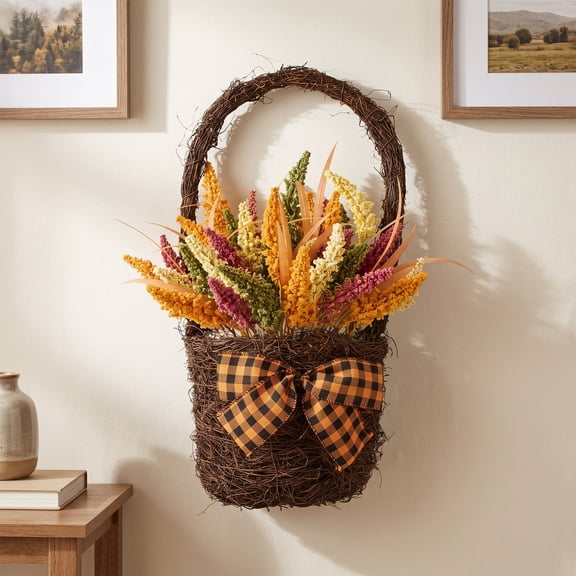 Northlight Autumn Harvest Hanging Basket with Artificial Foliage and Checkered Bow - 22"