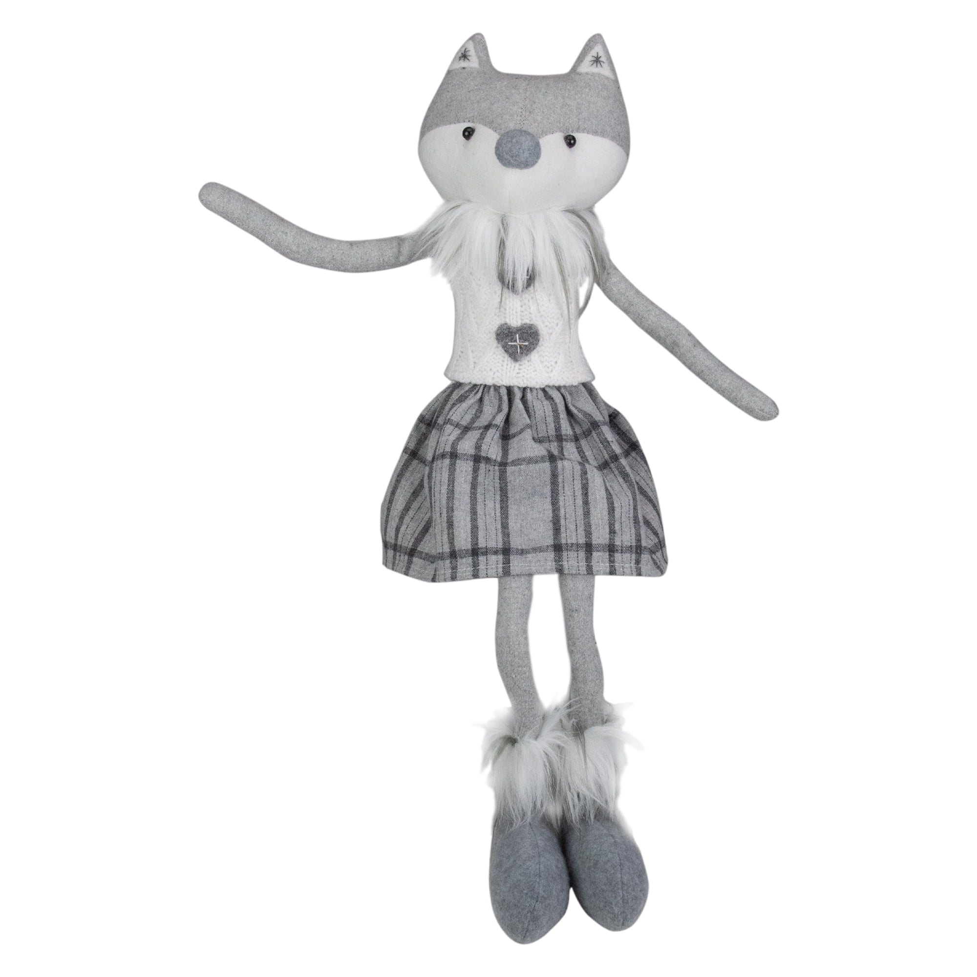 22" Gray and White Winter Fox Figurine with Faux Fur