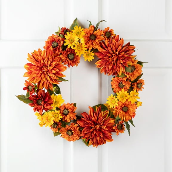 Northlight 22" Unlit Orange/Yellow Harvest Mums and Daisies Artificial Floral Wreath