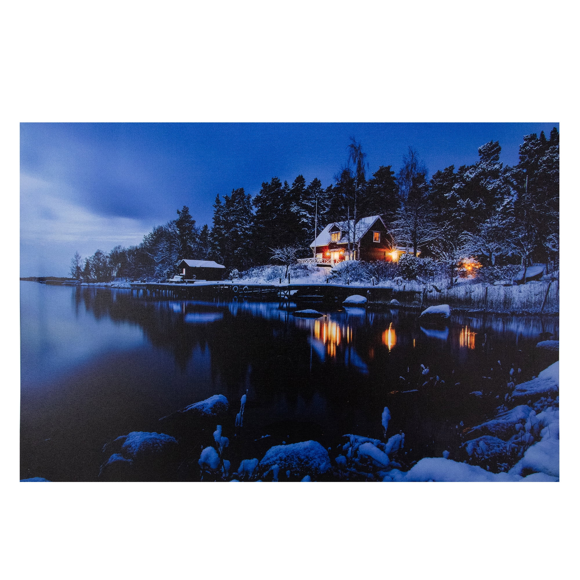 23.75" Blue and White LED Lighted Christmas Cabin Canvas Art