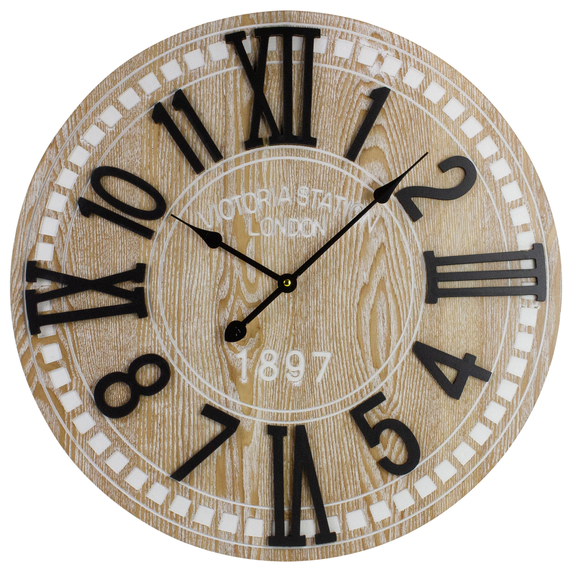 24" Black and Whitewash Wood Round Wall Clock with Roman Numerals