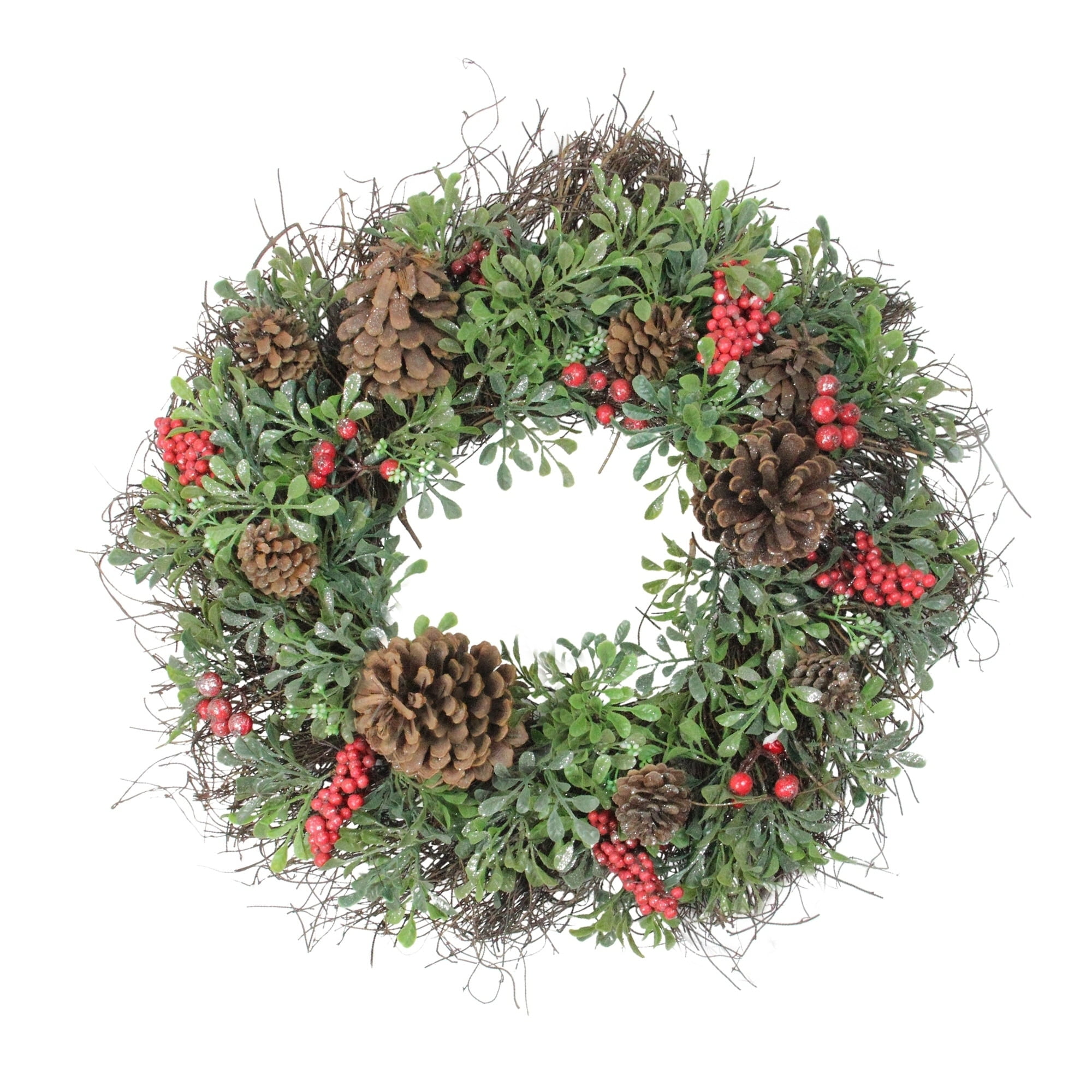 Northlight 24" Glittered Artificial Boxwood  Pine Cone and Red Berry Christmas Wreath - Unlit