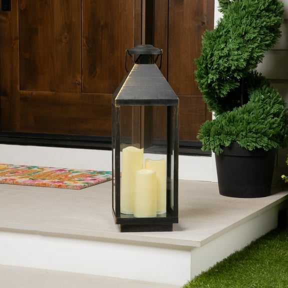 Northlight Lantern with Flameless LED Candles - 24" - Gold and Brushed Black