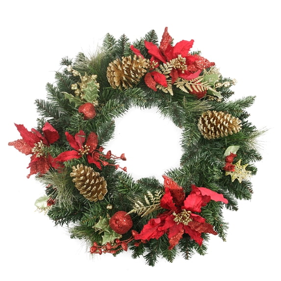 Northlight 24" Pre-Decorated Red Poinsettia and Gold Pine Cone Artificial Christmas Wreath - Unlit