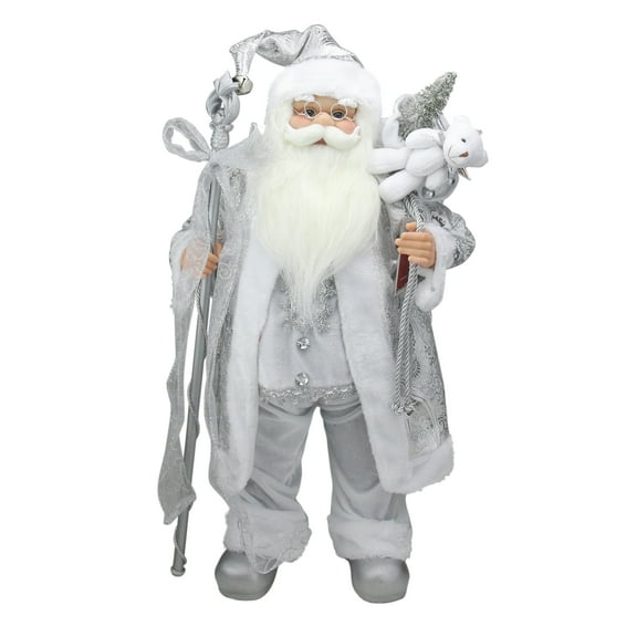 Northlight 24" Silver and White Santa Claus with Staff and Gift Bag Christmas Figure