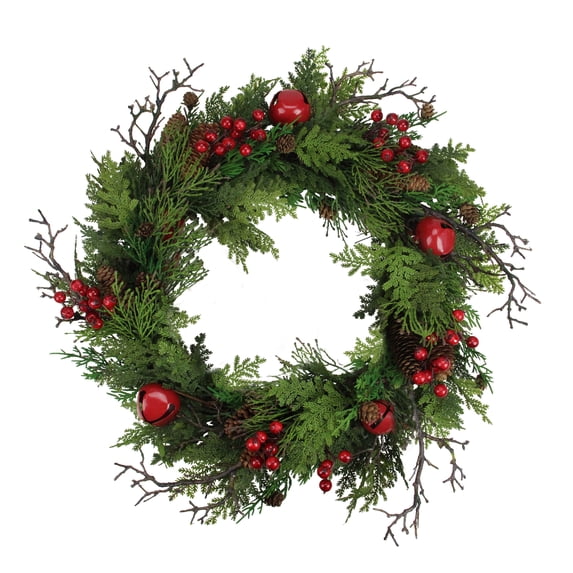 Northlight 24” Unlit Red Jingle Bell, Berry and Pine Cone Artificial Christmas Wreath