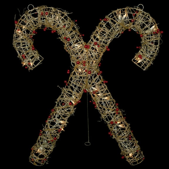 25" Lighted Champagne Gold Glittered Rattan Double Candy Cane Christmas Outdoor or Window Decoration