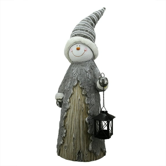 26" Gray and White Rustic Snowman with Lantern Christmas Table Top Figurine