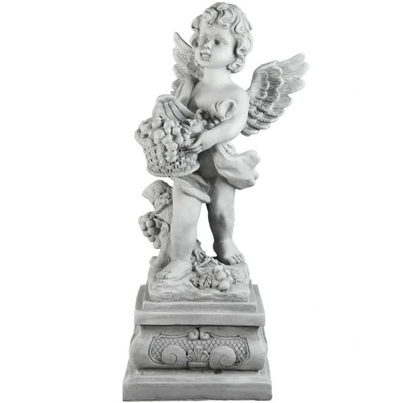 Northlight 28.75" Cherub Angel Standing on Pedestal with Fruit Basket Outdoor Patio Garden Statue -
