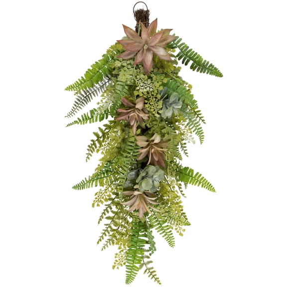 Northlight Teardrop Swag, Artificial Fern and Succulents Spring, Green, 28", 1 Count