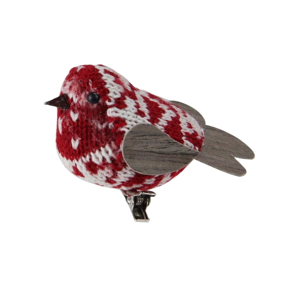 3.5" Red and White Decorative Knit Bird Clip-On Ornament
