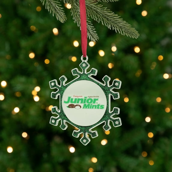 Northlight 3.5" Silver Plated Snowflake Junior Mints Candy Logo Christmas Ornament - Green/White