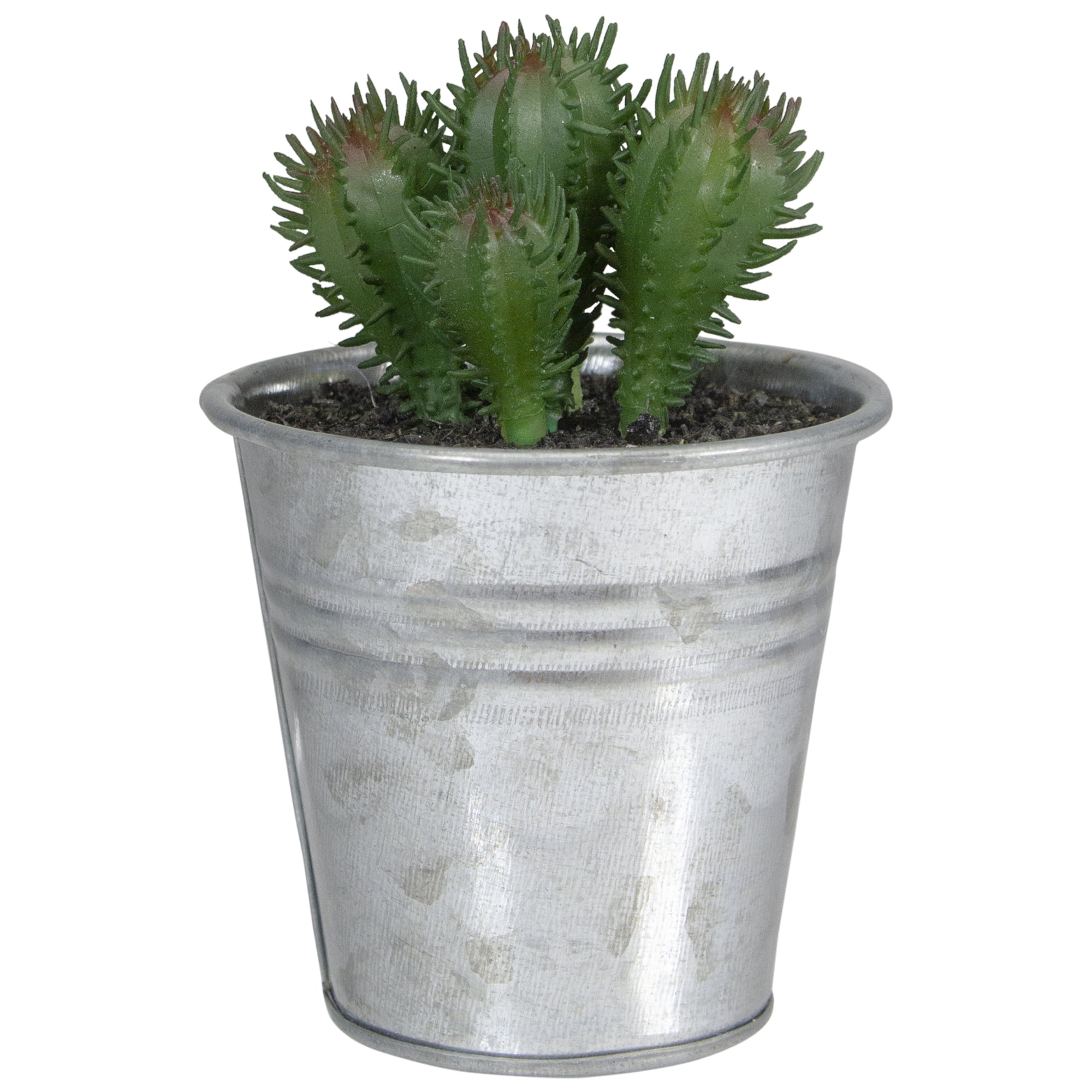 Mini Tropical Green and Red Artificial Cactus in Silver Tin Pot