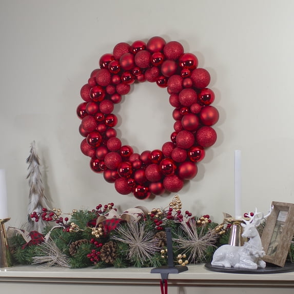 Northlight 3-Finish Shatterproof Ball Christmas Wreath - 24" - Red - Unlit