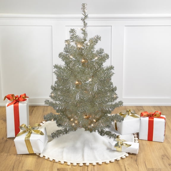 Northlight 3' Metallic Platinum Artificial Tinsel Christmas Tree - Clear Lights