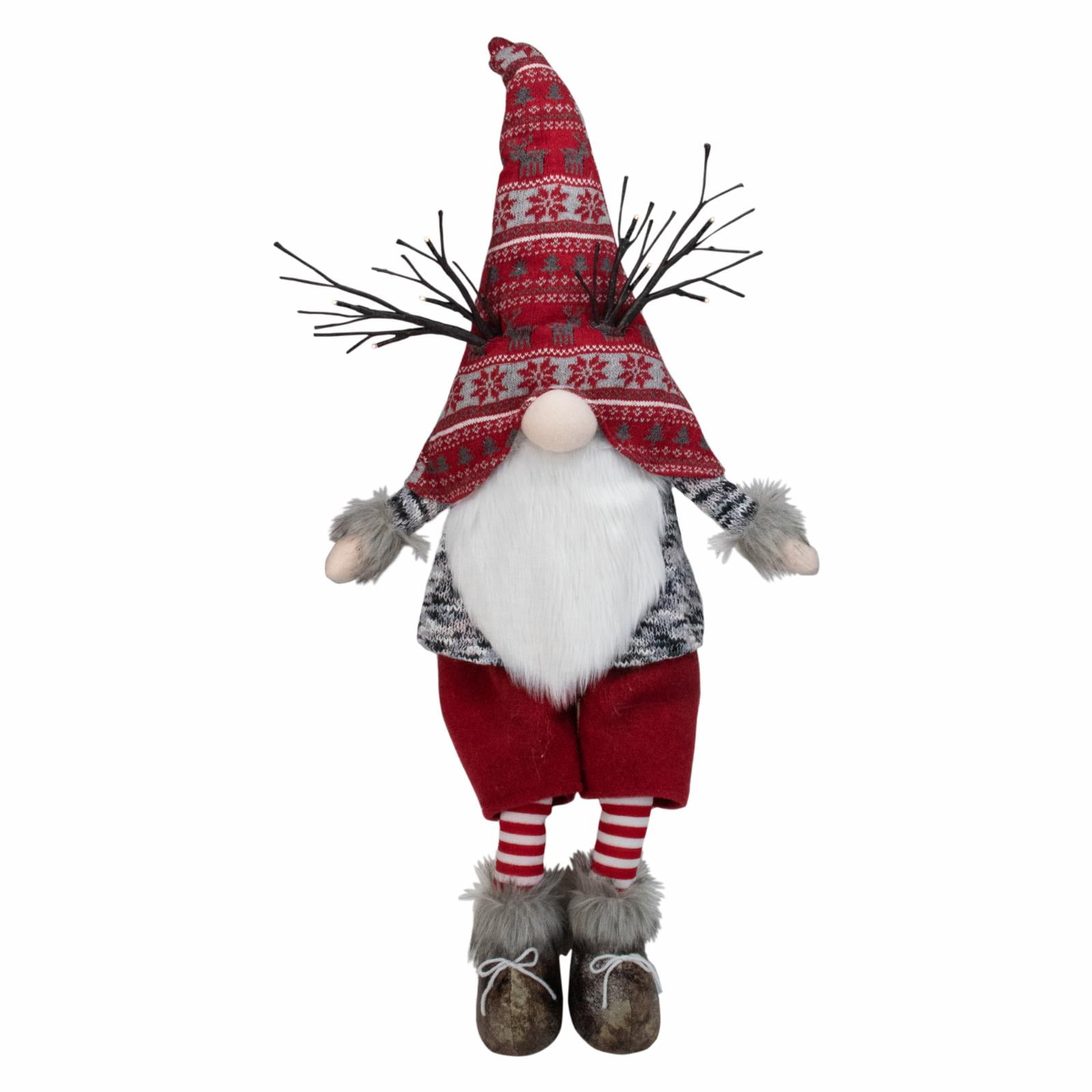 30" Red and Gray Fair Isle Sitting Gnome with LED Antlers