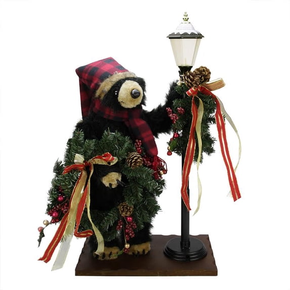 Northlight 30" Woodland-Inspired Black Bear with Lighted Lantern Christmas Figure on Wooden Base