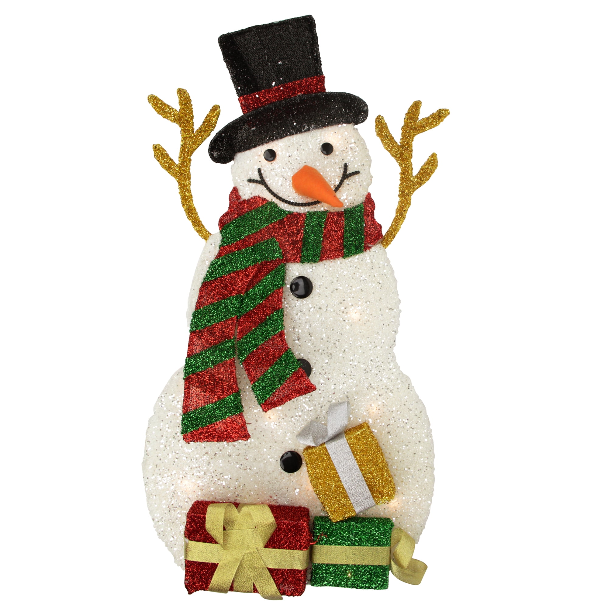 31" Pre-Lit White and Black Snowman with Glitter Gifts