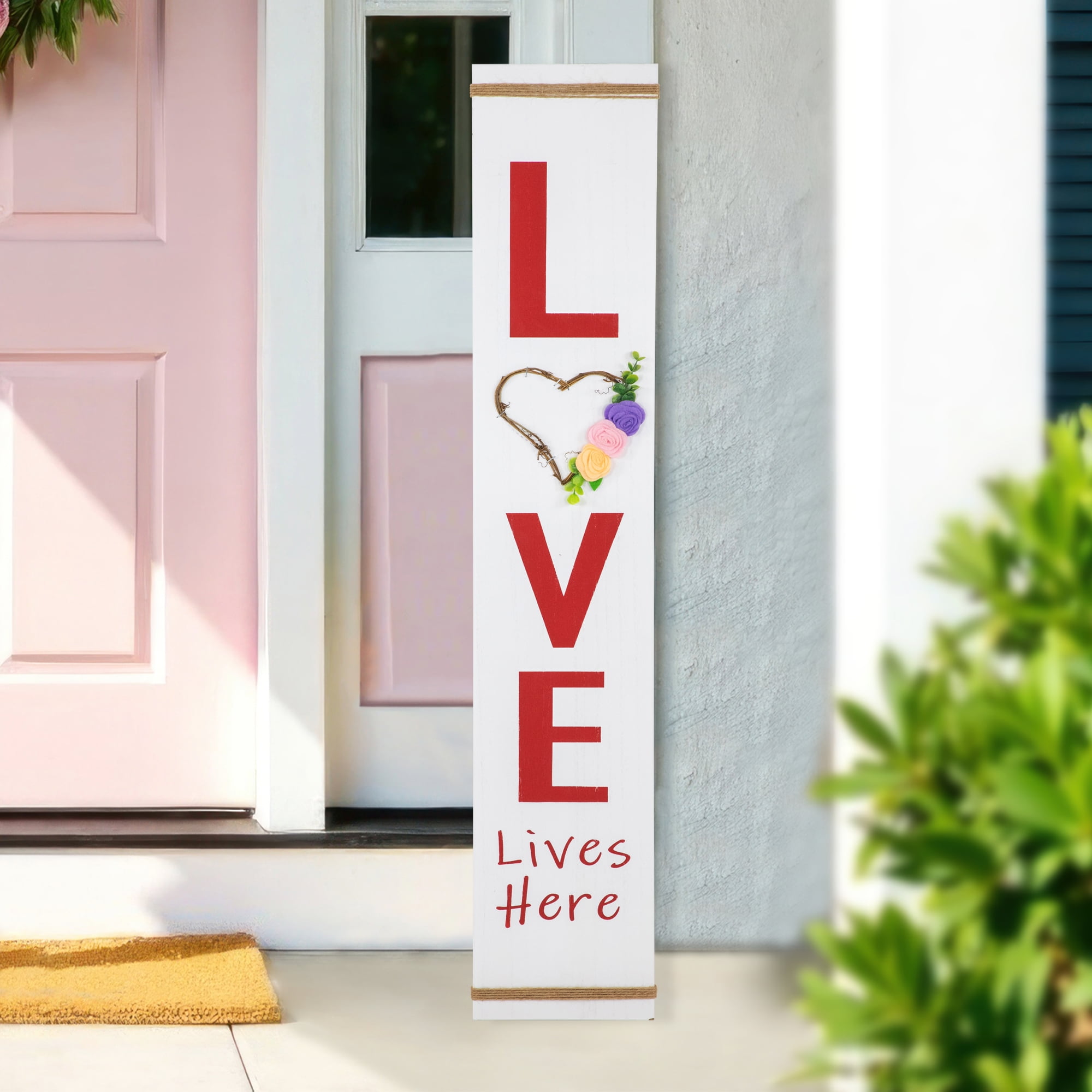 Love Lives Here White Wooden Valentine's Day Porch Sign