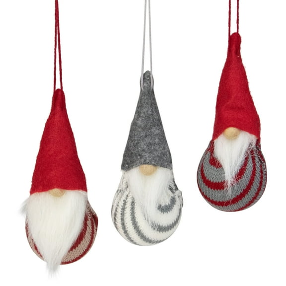 Santa Gnome Christmas Ornaments - 4.75" - Red and Gray - Set of 3
