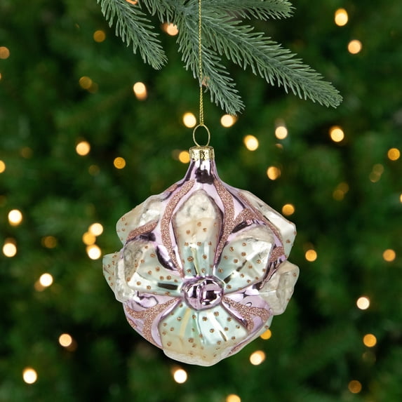 Northlight 4.25" Green Flowers on Pink Glass Christmas Ornament