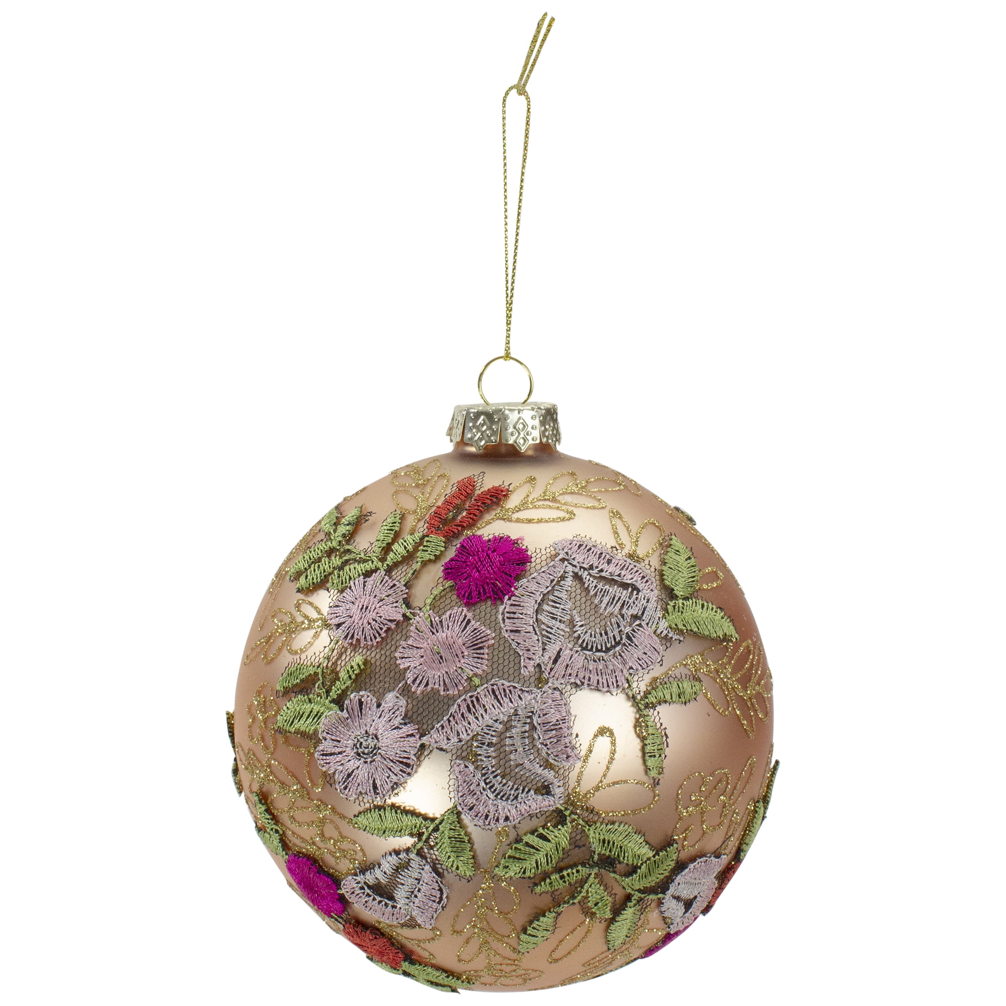 Pink Floral Applique Glass Ball Christmas Ornament with Gold Glitter