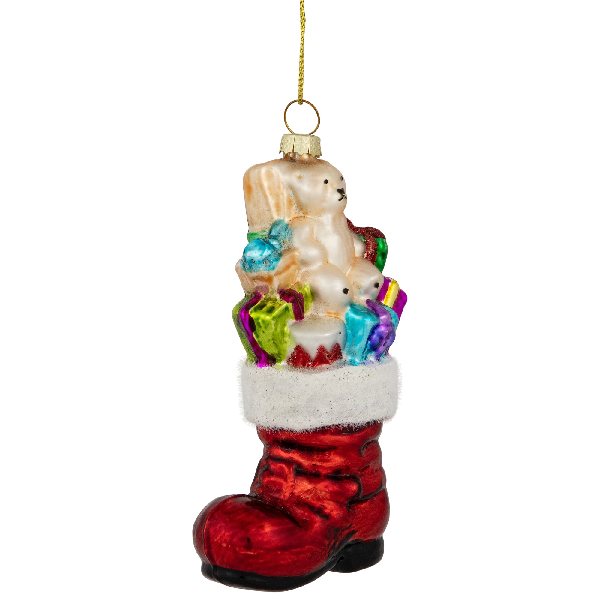 5" Shiny Red Glass Stocking Ornament with Presents