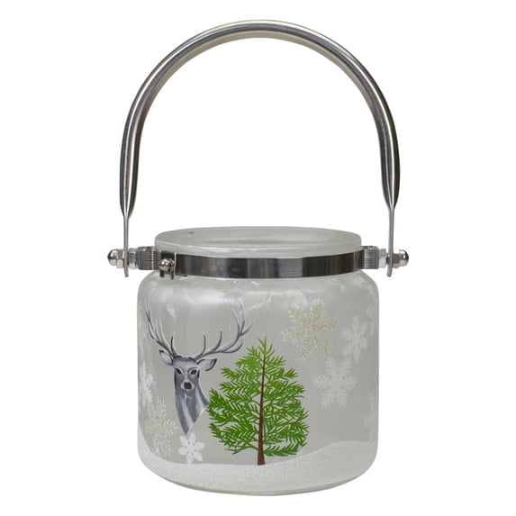 Northlight Glittered Lantern-Style Deer and Snowflakes Glass Christmas Candle Holder - 4"