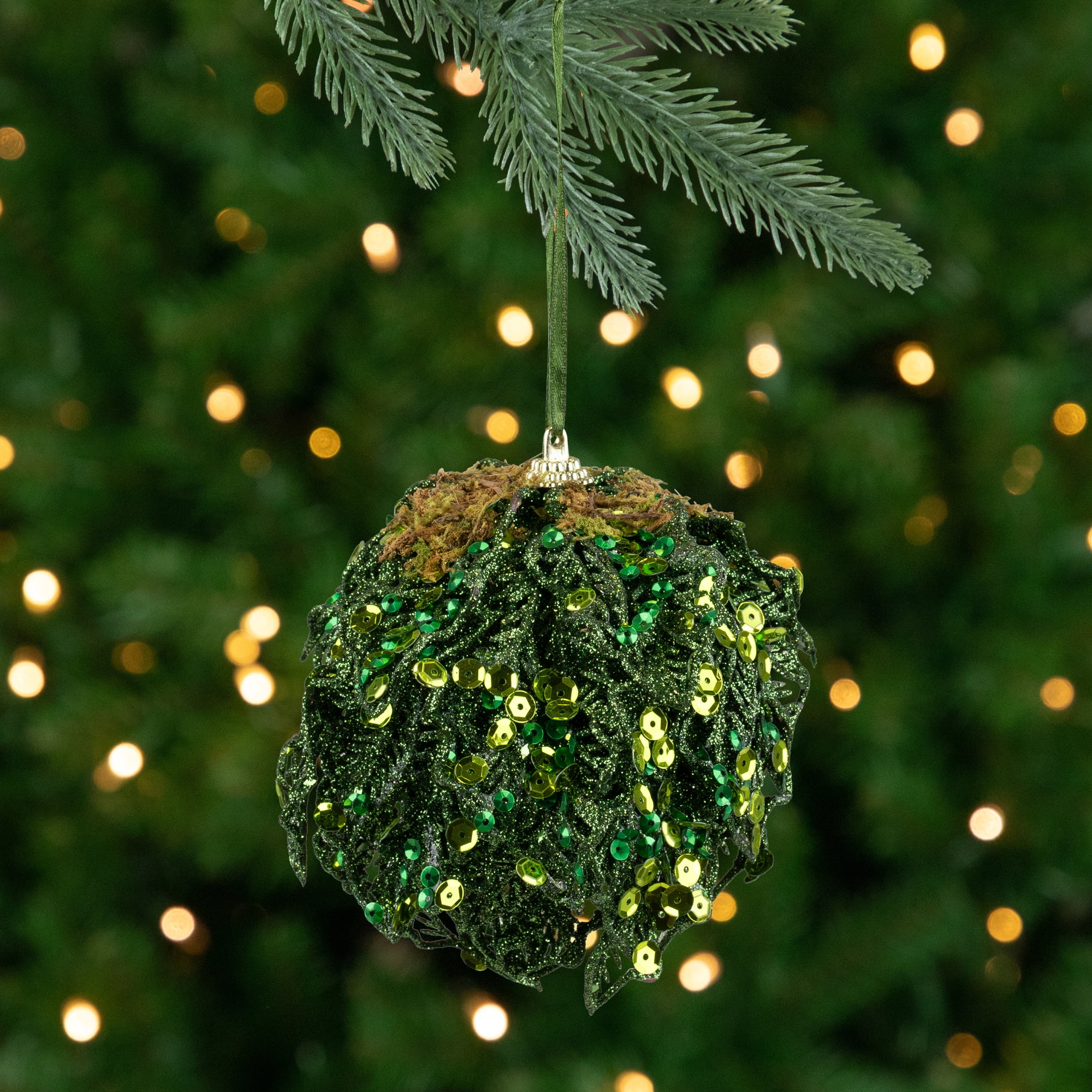 Northlight 4" Green Glitter and Sequin Leaf Shatterproof Christmas Ball Ornament