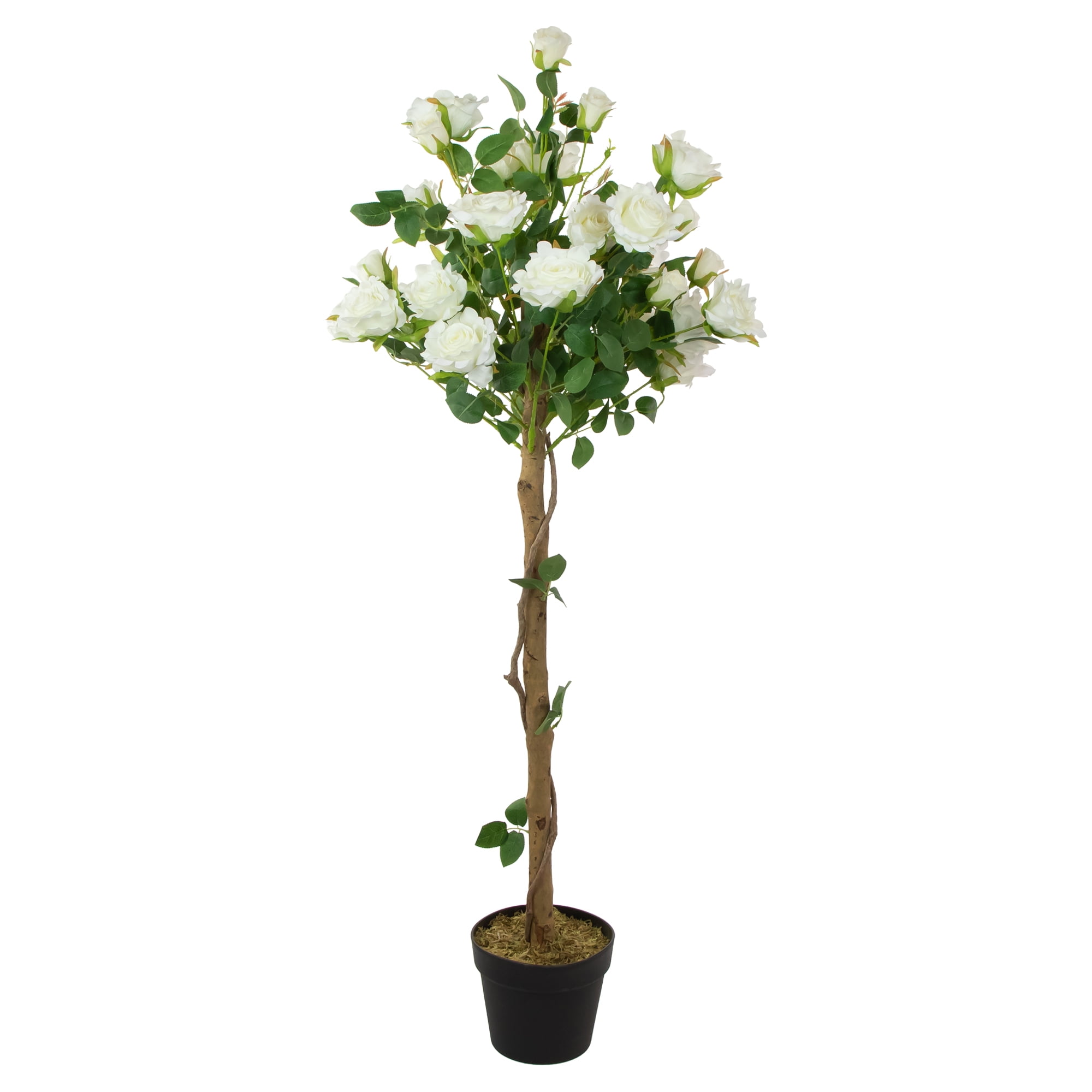 4' Green and White Potted Artificial Rose Garden Tree with Moss