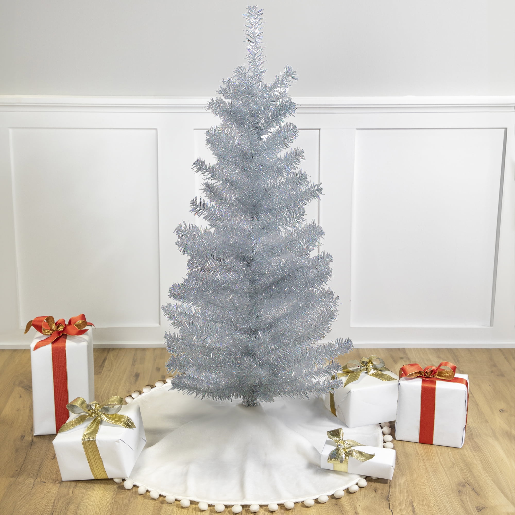 Northlight 4' Holographic Silver Tinsel Slim Artificial Christmas