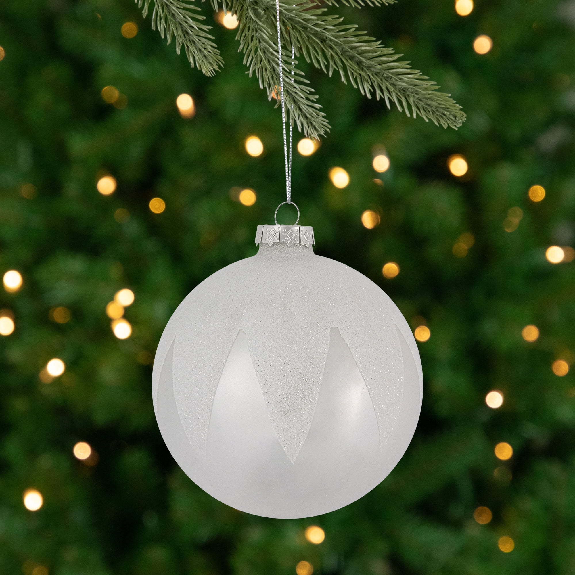 4" Glittered White and Gold Striped Glass Christmas Ball Ornament