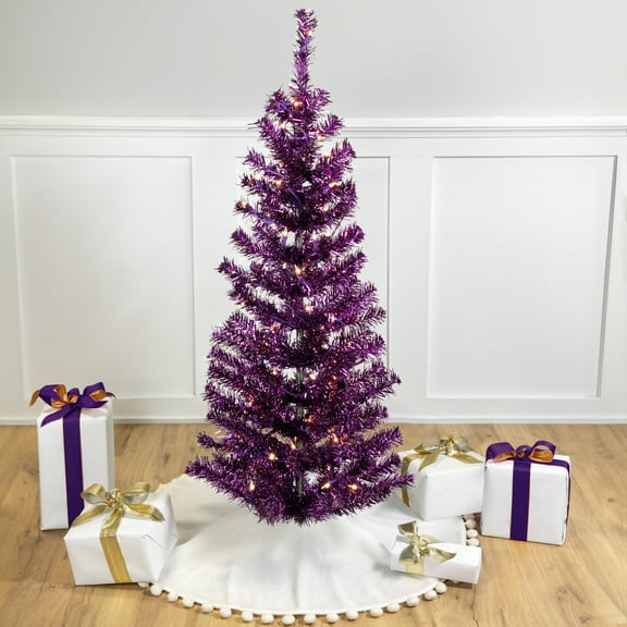 Northlight Pre-Lit Tinsel Artificial Christmas Tree - Purple - Clear Lights - Purple Wire - 4'