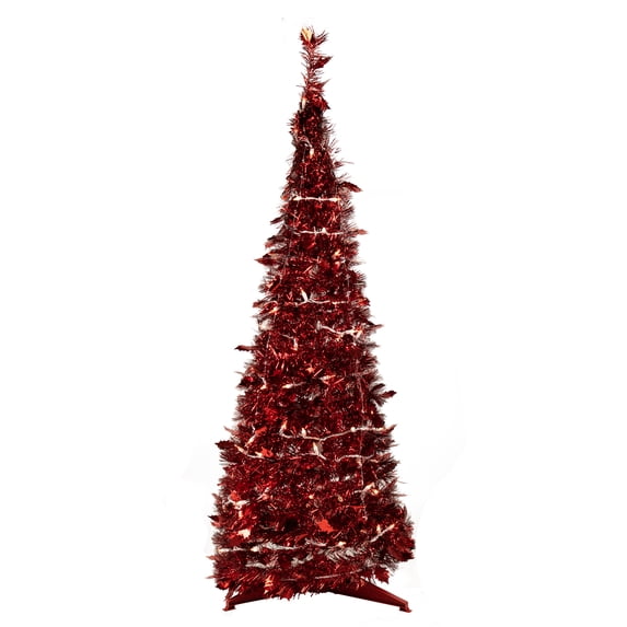 Northlight 4' Pre-Lit Red Pop-Up Tinsel Christmas Tree, Clear Lights