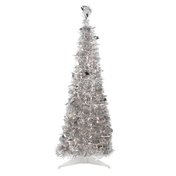 Northlight 4' Pre-Lit Silver Tinsel Pop-Up Artificial Christmas Tree, Clear Lights