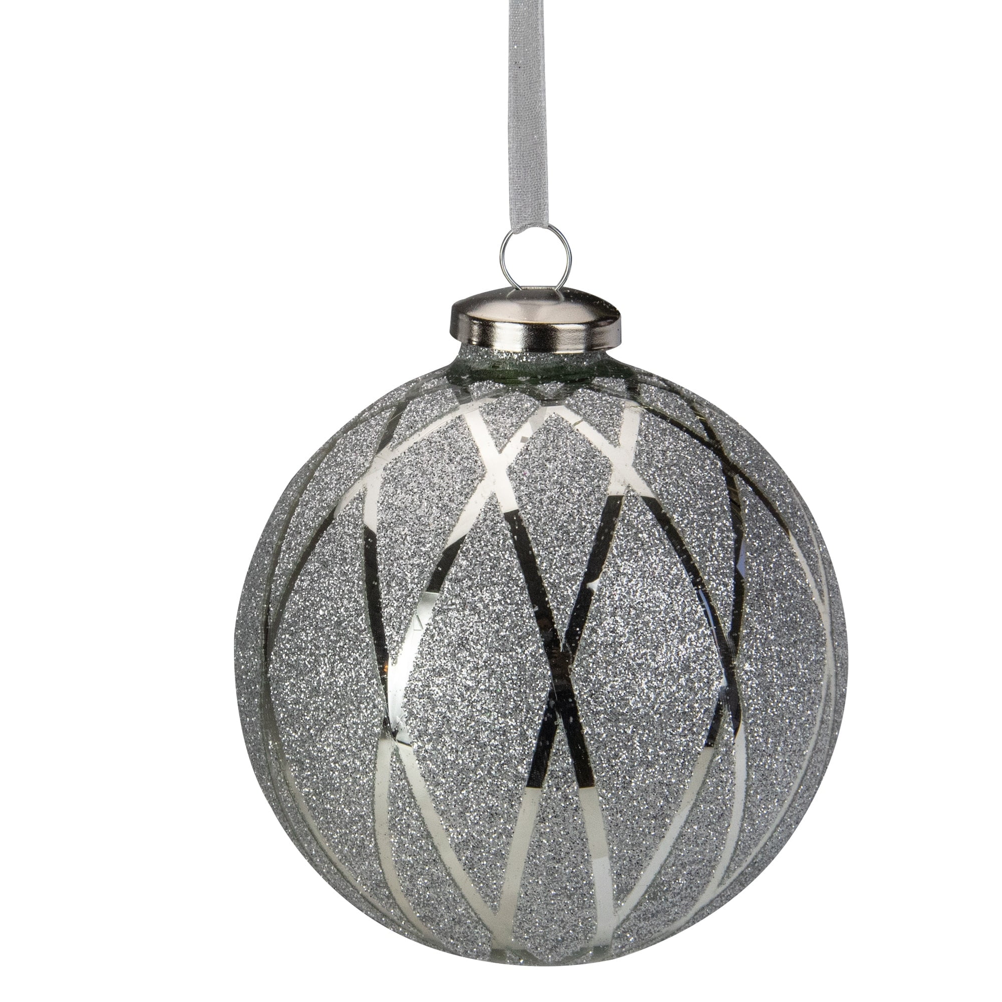 5" Silver Diamond Pattern With Glitter Christmas Glass Ball Ornament