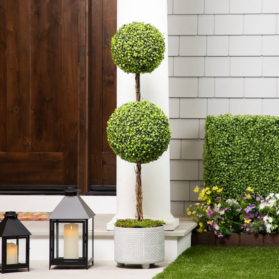 Northlight 4' Unlit Artificial Potted Two Tone Green Double Ball Boxwood Topiary Garden Tree