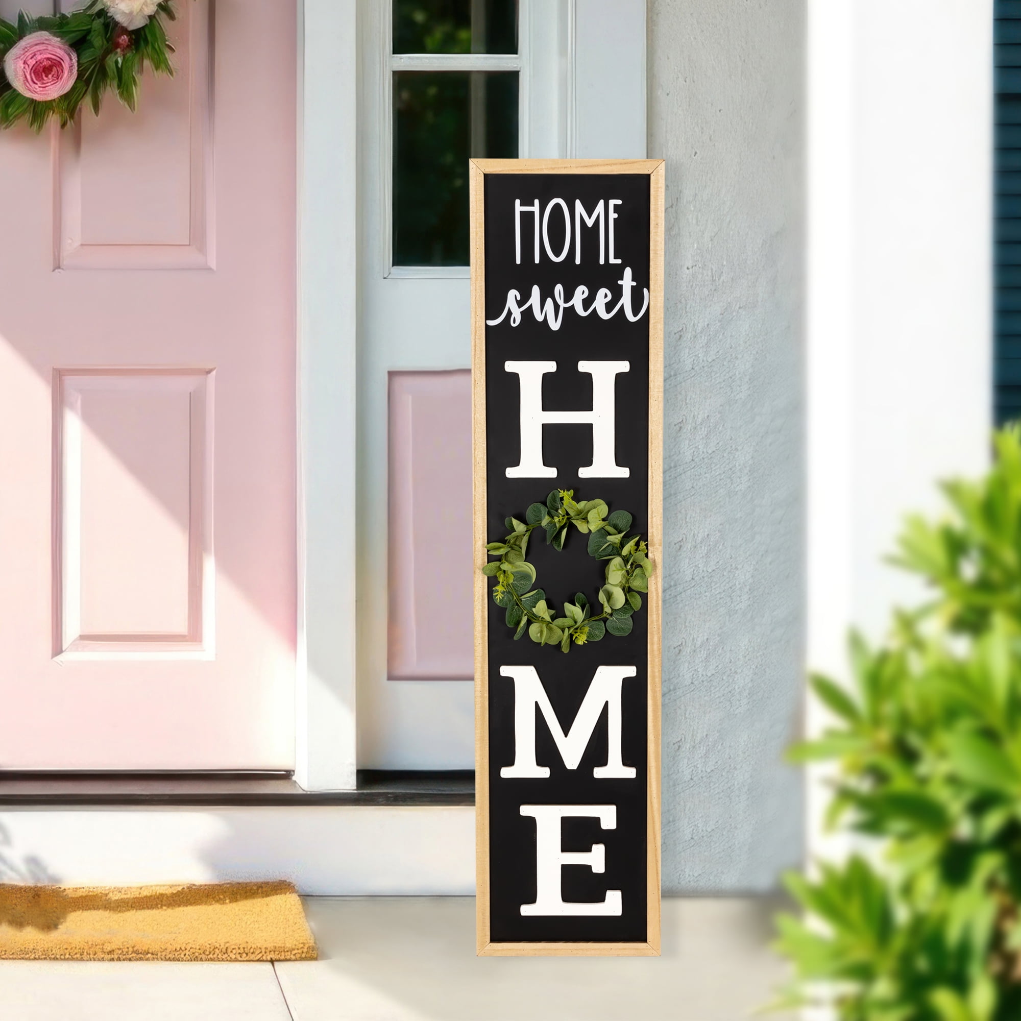 Black and Natural Wood Outdoor Porch Sign with Wreath Accent