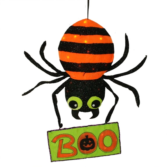 Northlight 44" LED Lighted Orange & Black Striped Creepy Tinsel Spider with Boo Sign Hanging