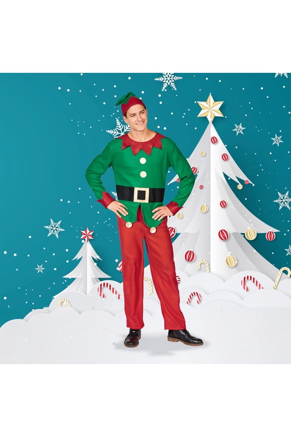 45" Red and Green Men's Elf Costume With a Christmas Santa Hat - Plus Size