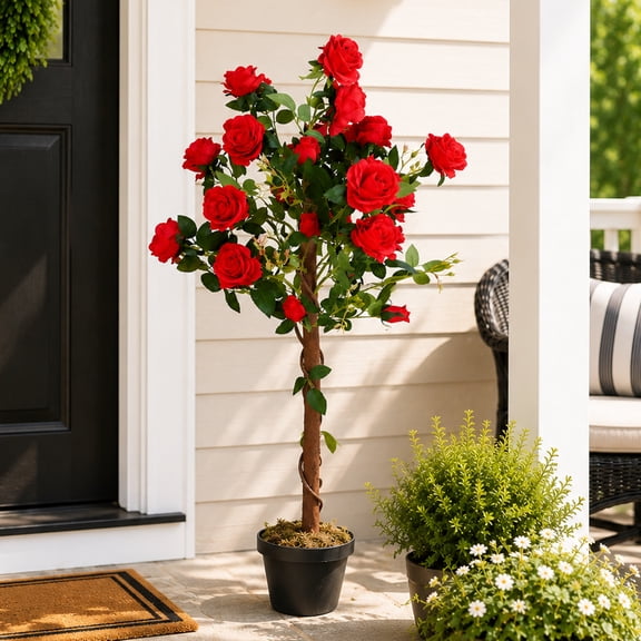 Northlight Roses with Greenery Artificial Potted Tree - Red - 47"