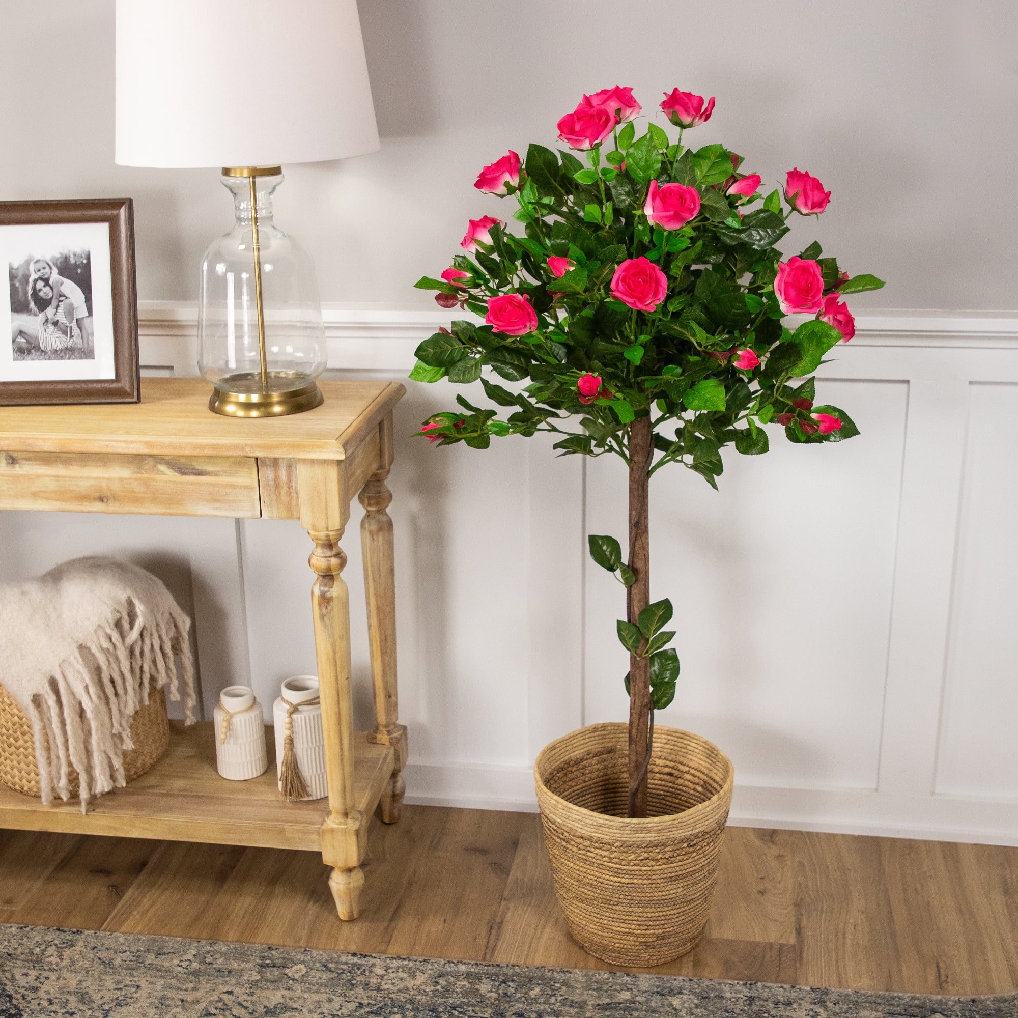 47" Potted Pink and Green Artificial Rose Tree with Black Pot