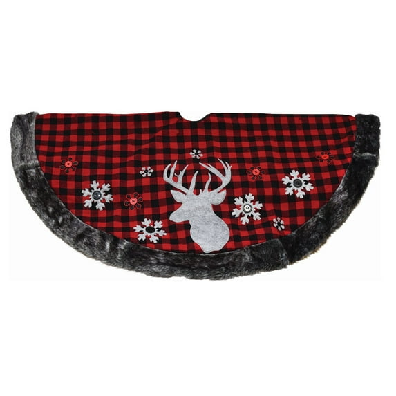 Northlight 48" Alpine Chic Red and Black Checkered Reindeer & Button Snowflakes Christmas Tree Skirt