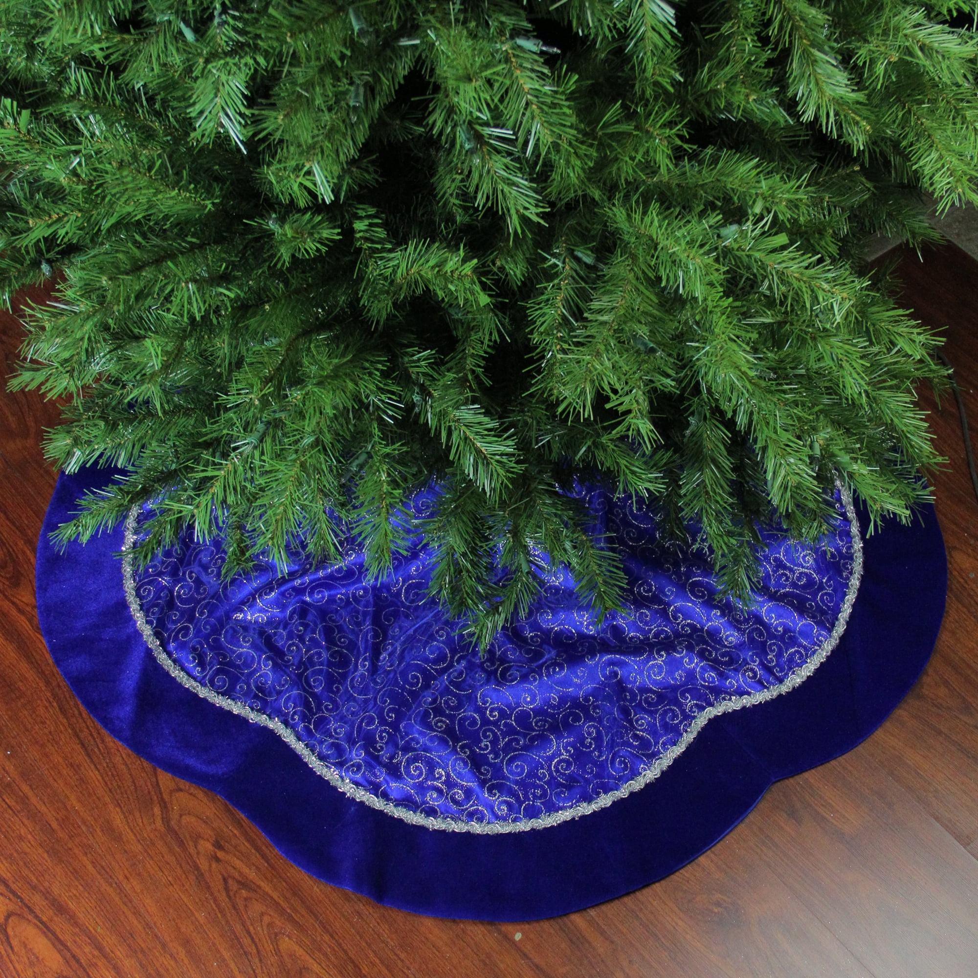 Royal Blue and Silver Velvet Christmas Tree Skirt with Filigree Swirls