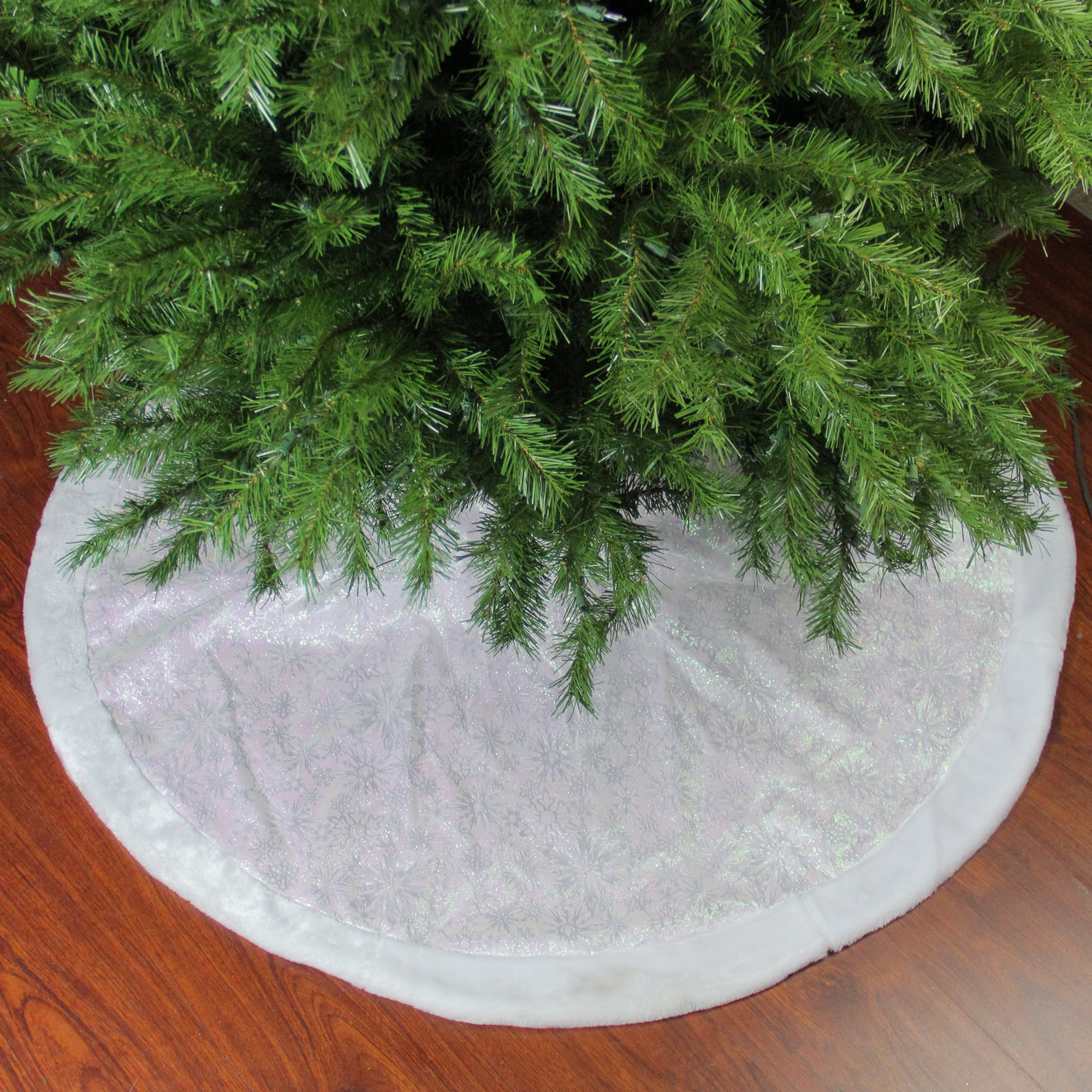 White Faux Fur Iridescent Glitter Snowflake Christmas Tree Skirt, 48"