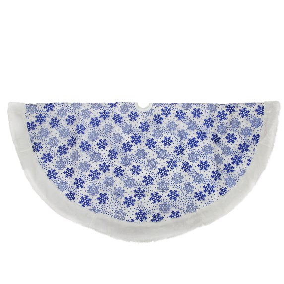 Northlight 48" White and Blue Glittered Snowflake Christmas Tree Skirt with Faux Fur Trim