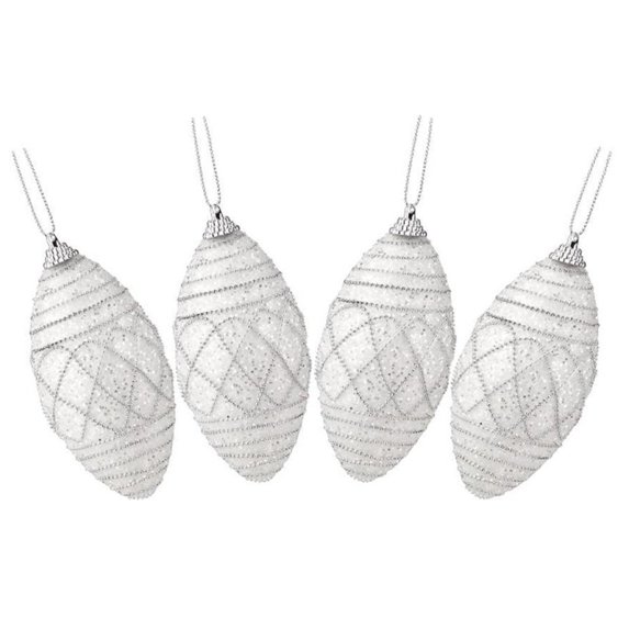 4ct White and Silver Beaded Glittered Sequin Shatterproof Finial Christmas Ornaments 4.5"