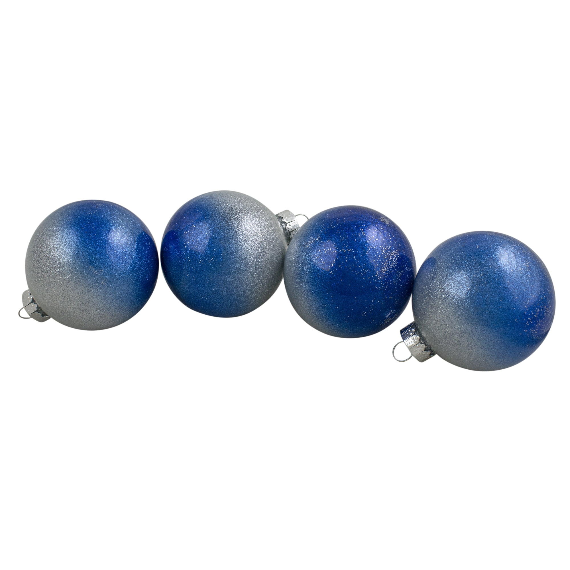 Set of 4 Blue and Silver Ombre Glass Christmas Ornaments